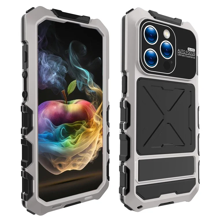 R-JUST For iPhone 15 Pro Max Case Silicone+Metal Anti-drop Phone Cover with Screen Film - Silver