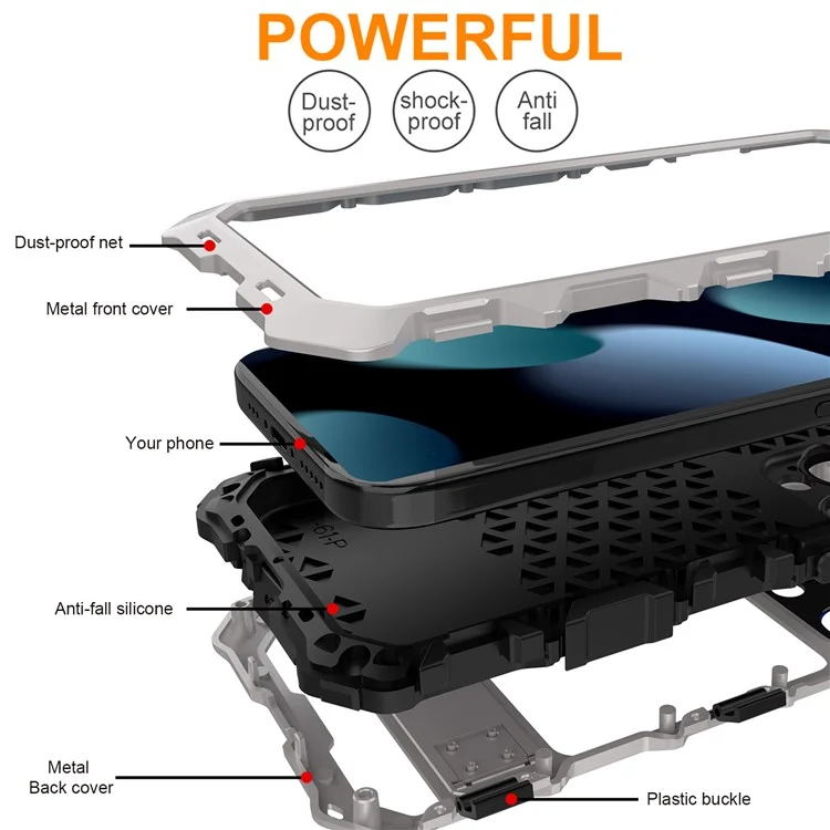 R-JUST para iPhone 15 Pro Max Case Silicone+Metal Anti-drop Phone Cover com Screen Film - Prata