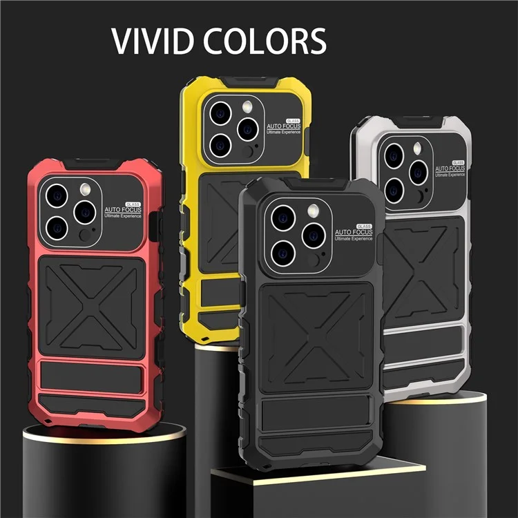 R-JUST para iPhone 15 Pro Max Case Silicone+Metal Anti-drop Phone Cover com Screen Film - Prata