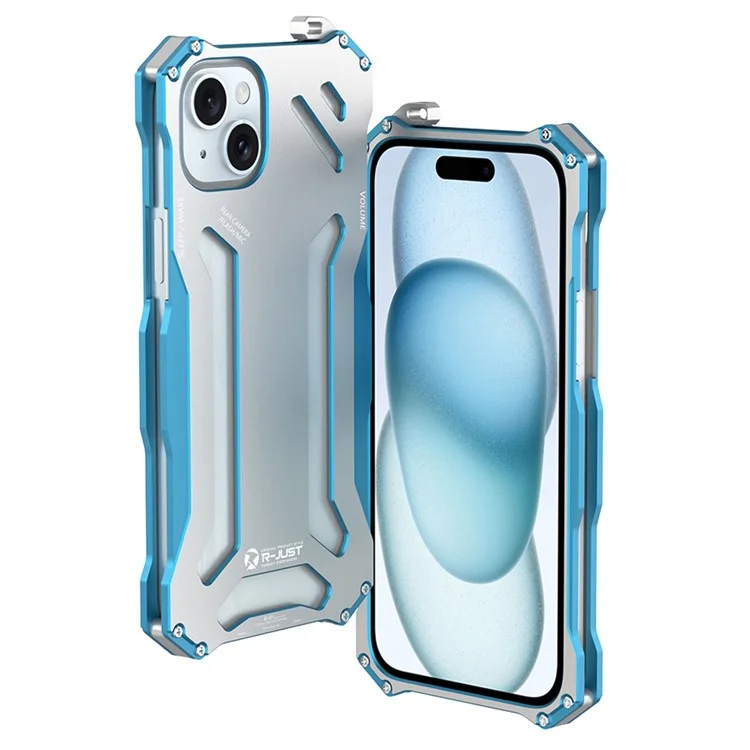 R-JUST Mechanical Armor For iPhone 15 Metal Case Hollow Design Anti-drop Phone Cover - Silver+Blue