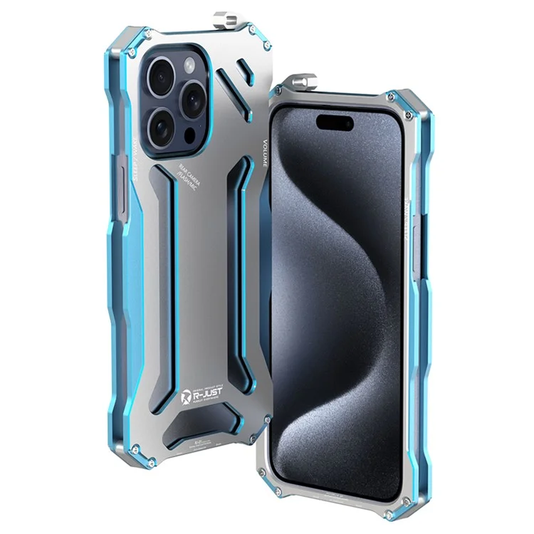 R-JUST Mechanische Rüstung für iPhone 15 Pro Max Metallgehäuse, Hohldesign Handy Schutzhülle - Silber / Blau