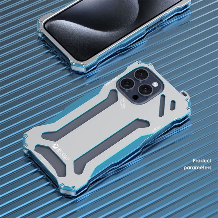R-JUST Mechanische Rüstung für iPhone 15 Pro Max Metallgehäuse, Hohldesign Handy Schutzhülle - Silber / Blau