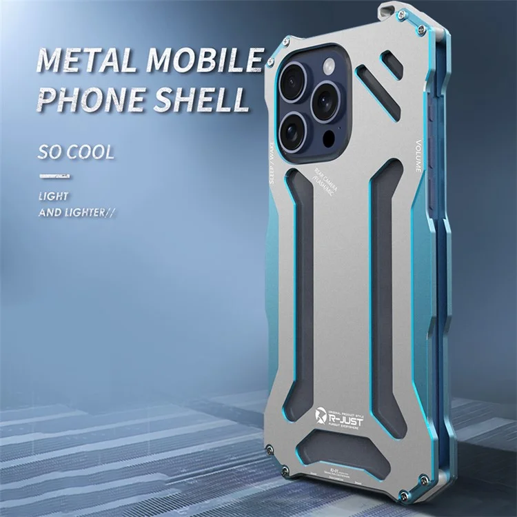 R-JUST Mechanische Rüstung für iPhone 15 Pro Max Metallgehäuse, Hohldesign Handy Schutzhülle - Silber / Blau