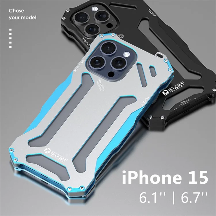R-JUST Mechanische Rüstung für iPhone 15 Pro Max Metallgehäuse, Hohldesign Handy Schutzhülle - Silber / Blau