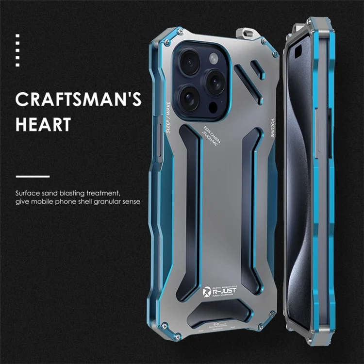 R-JUST Mechanische Rüstung für iPhone 15 Pro Max Metallgehäuse, Hohldesign Handy Schutzhülle - Silber / Blau