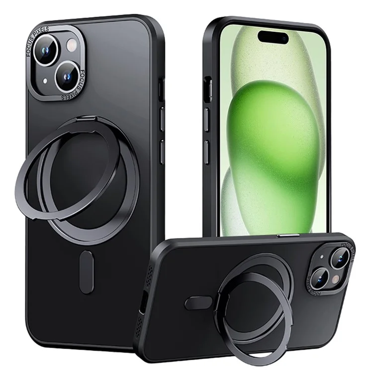 For iPhone 15 Case Rotary Ring Kickstand TPU+PC Matte Phone Cover Compatible with MagSafe - Black