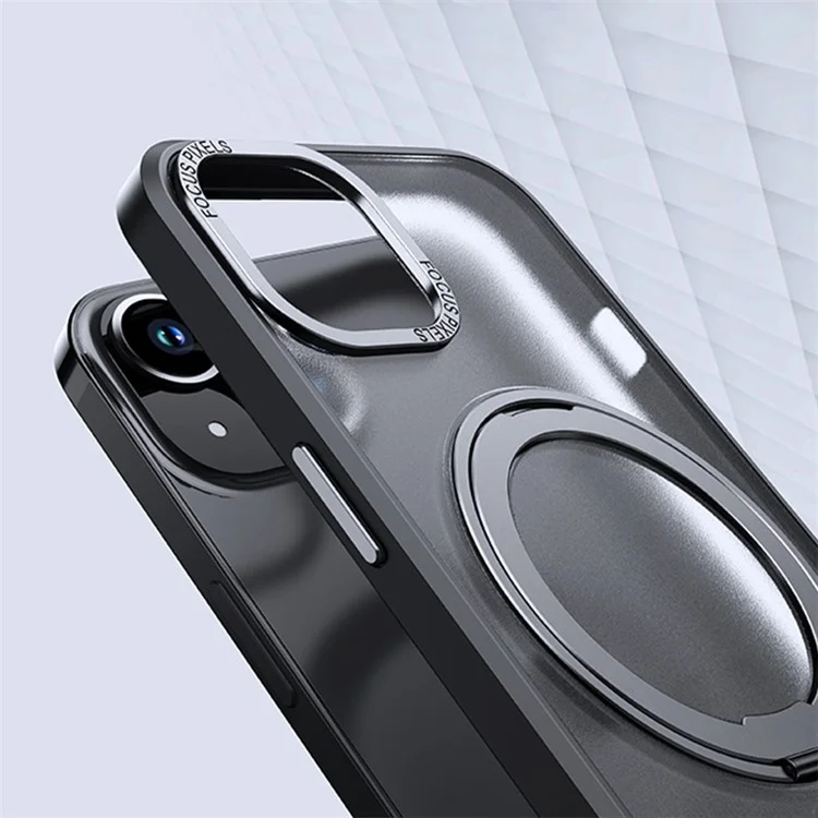 For iPhone 15 Case Rotary Ring Kickstand TPU+PC Matte Phone Cover Compatible with MagSafe - Black