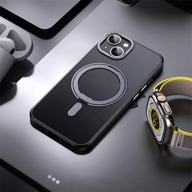 For iPhone 15 Case Rotary Ring Kickstand TPU+PC Matte Phone Cover Compatible with MagSafe - Black