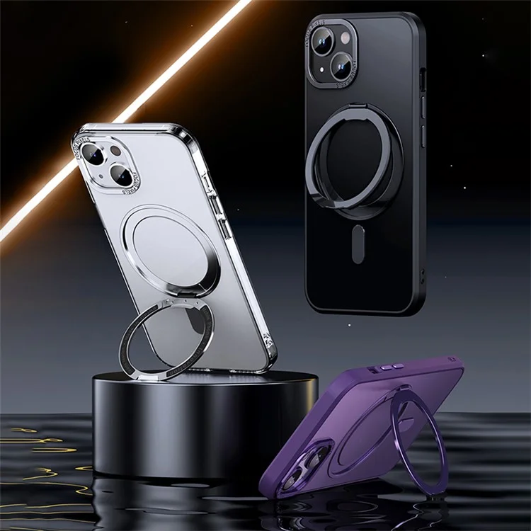 For iPhone 15 Case Rotary Ring Kickstand TPU+PC Matte Phone Cover Compatible with MagSafe - Black