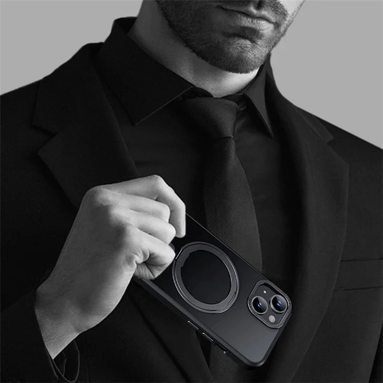 For iPhone 15 Case Rotary Ring Kickstand TPU+PC Matte Phone Cover Compatible with MagSafe - Black