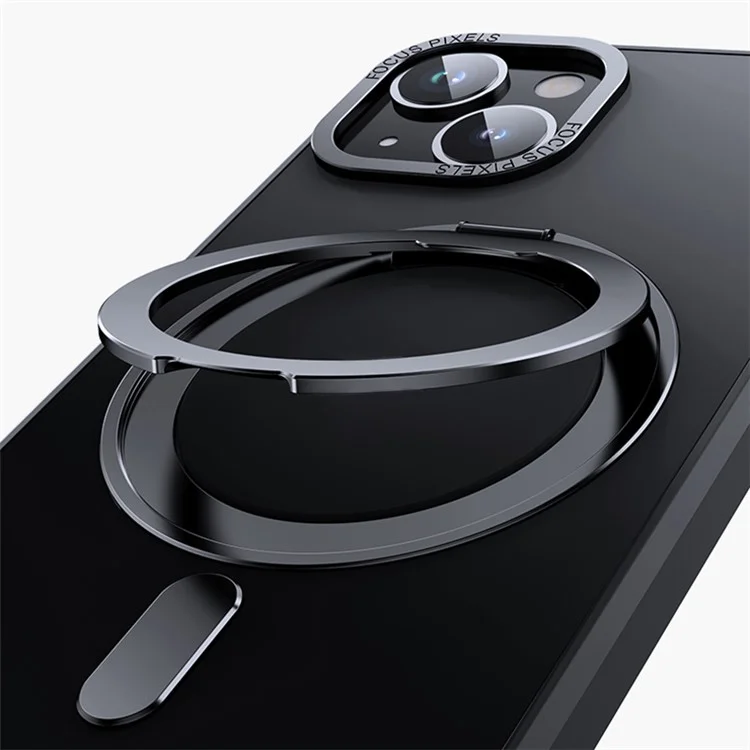 For iPhone 15 Case Rotary Ring Kickstand TPU+PC Matte Phone Cover Compatible with MagSafe - Black