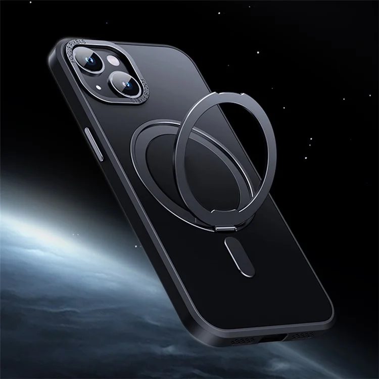For iPhone 15 Case Rotary Ring Kickstand TPU+PC Matte Phone Cover Compatible with MagSafe - Black