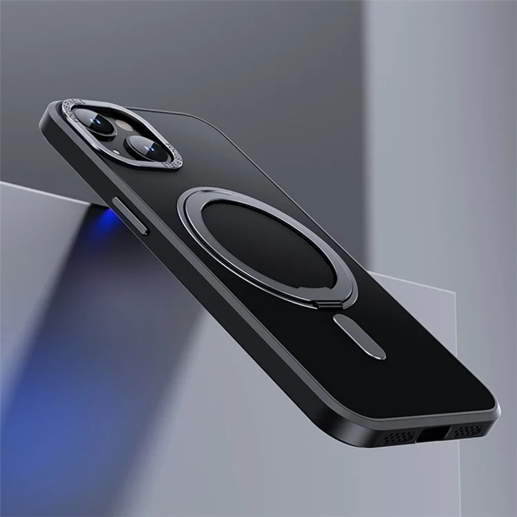 For iPhone 15 Case Rotary Ring Kickstand TPU+PC Matte Phone Cover Compatible with MagSafe - Black