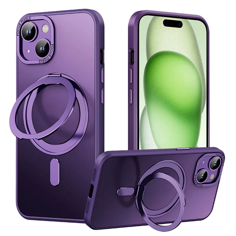 For iPhone 15 Case Rotary Ring Kickstand TPU+PC Matte Phone Cover Compatible with MagSafe - Purple