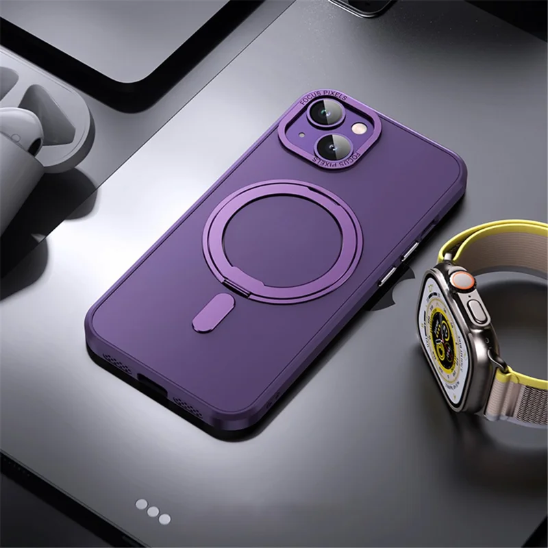 For iPhone 15 Case Rotary Ring Kickstand TPU+PC Matte Phone Cover Compatible with MagSafe - Purple