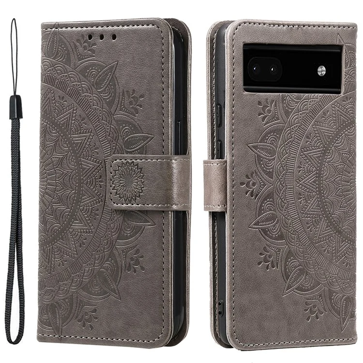 Für Google Pixel 8a Case Mandala Blume Geprägter Lederüberzug mit Riemen - Grau