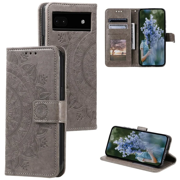 Für Google Pixel 8a Case Mandala Blume Geprägter Lederüberzug mit Riemen - Grau