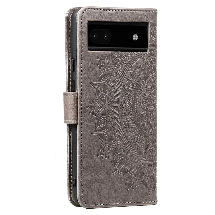 Für Google Pixel 8a Case Mandala Blume Geprägter Lederüberzug mit Riemen - Grau