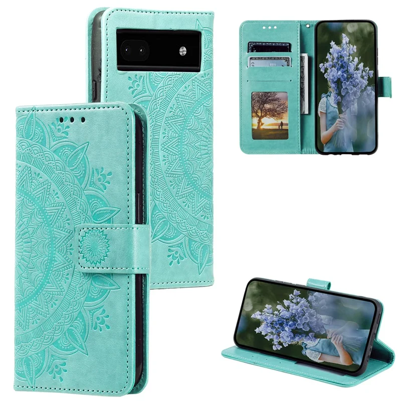Für Google Pixel 8a Hülle Mandala Blume Eingeprägt Leder Cover mit Riemen - Grün