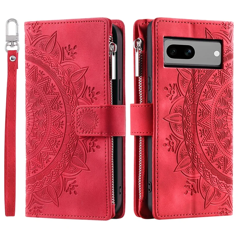 For Google Pixel 8a Case Wallet Imprinted PU Leather Phone Cover with Strap - Red