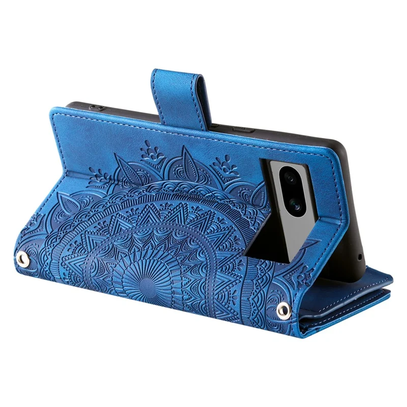 For Google Pixel 8a Case Wallet Imprinted PU Leather Phone Cover with Strap - Blue