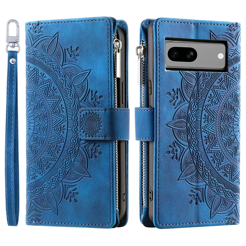 For Google Pixel 8a Case Wallet Imprinted PU Leather Phone Cover with Strap - Blue