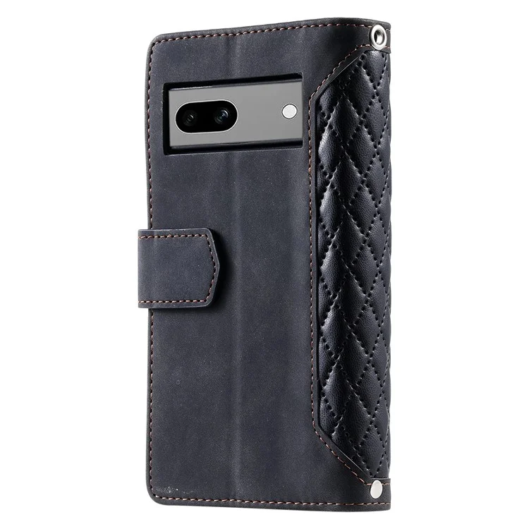 Per Google Pixel 8a Case Rhombus Texture Wallet Stand Phone Cover con cinturino a mano - Nero