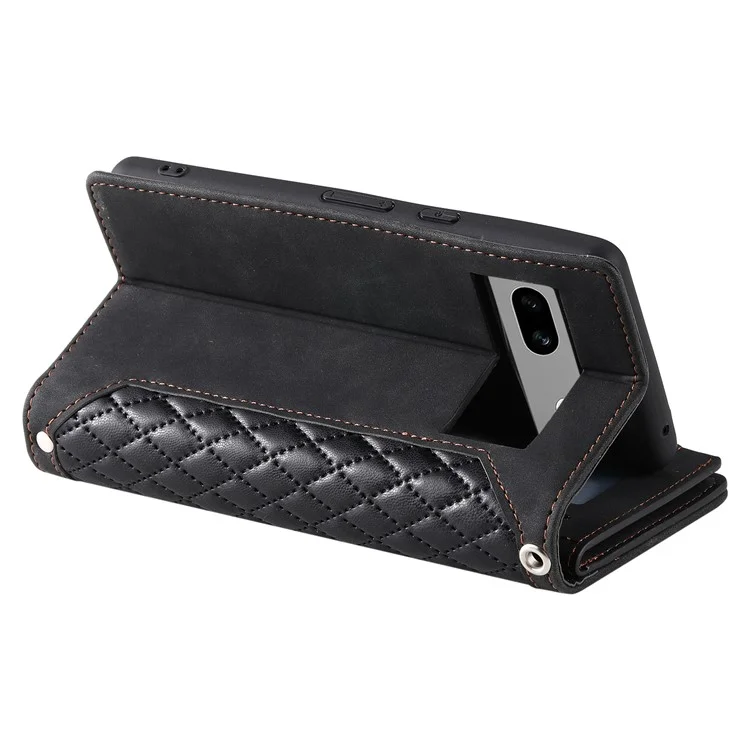 Per Google Pixel 8a Case Rhombus Texture Wallet Stand Phone Cover con cinturino a mano - Nero