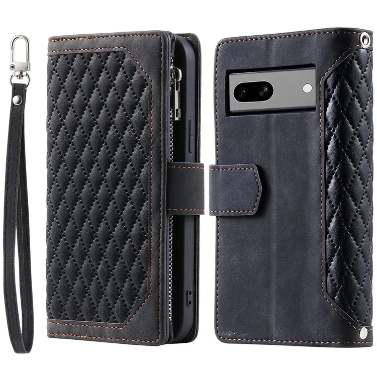 Per Google Pixel 8a Case Rhombus Texture Wallet Stand Phone Cover con cinturino a mano - Nero