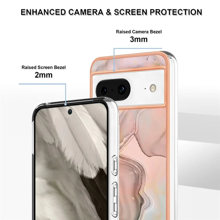 YB IMD Series-16 Style-E For Google Pixel 8 Case 2.0mm TPU Electroplated IMD Marble Phone Cover - Pink
