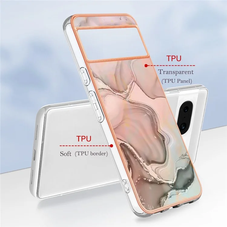 YB IMD Series-16 Style-E For Google Pixel 8 Case 2.0mm TPU Electroplated IMD Marble Phone Cover - Pink