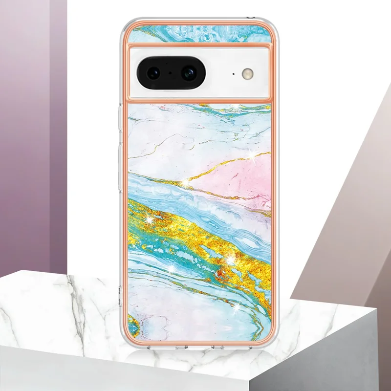 For Google Pixel 8 TPU Case with IMD Marble Pattern Electroplated Back Cover - Green 004