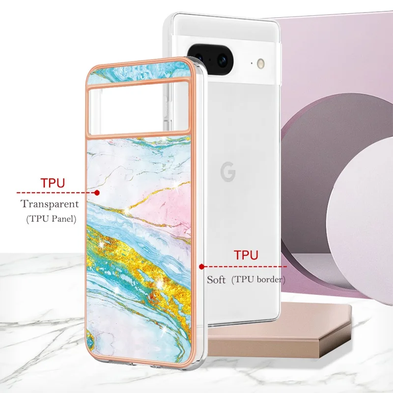 For Google Pixel 8 TPU Case with IMD Marble Pattern Electroplated Back Cover - Green 004