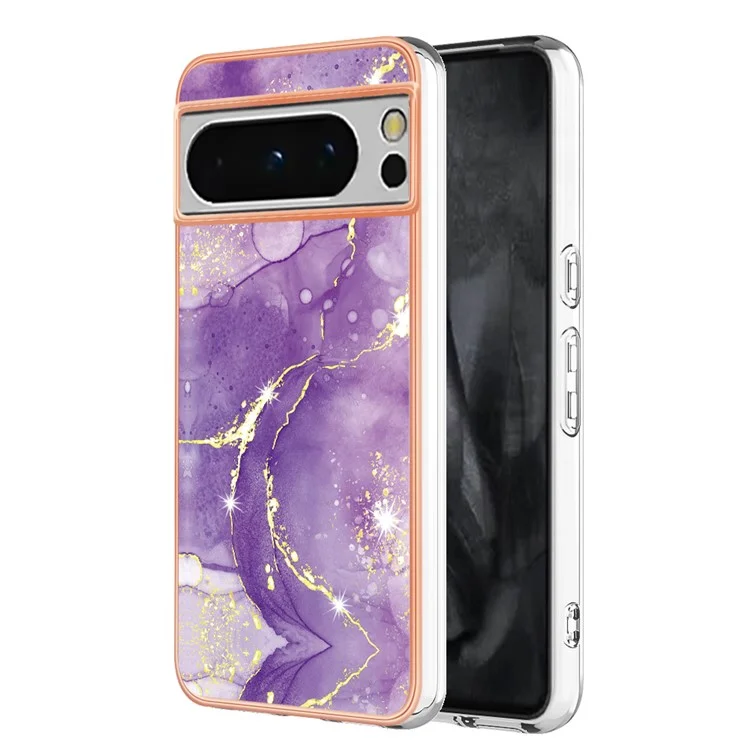 For Google Pixel 8 Pro TPU Case with IMD Marble Pattern Electroplated Back Cover - Purple 002