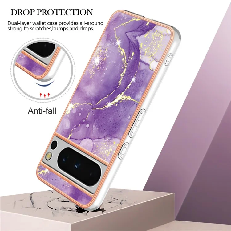 For Google Pixel 8 Pro TPU Case with IMD Marble Pattern Electroplated Back Cover - Purple 002