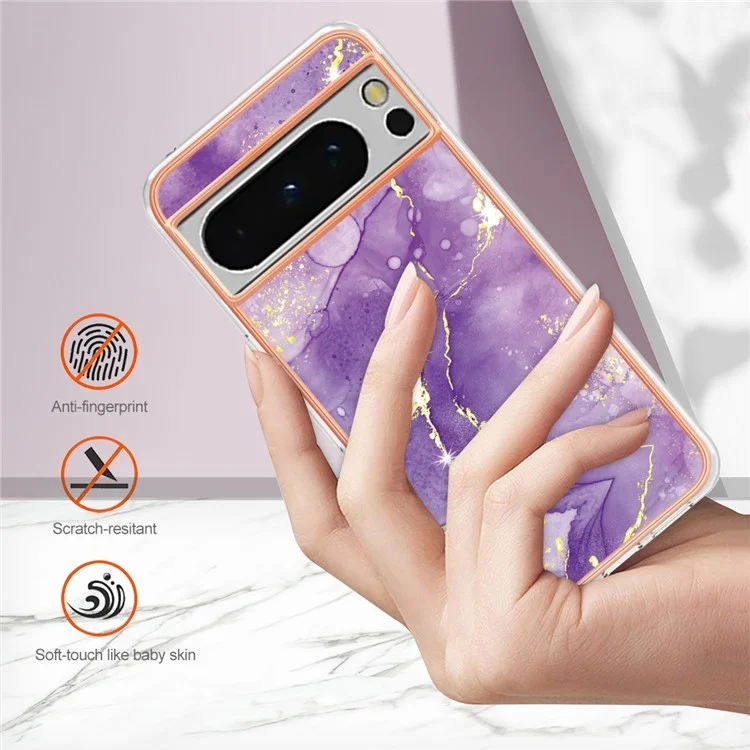 For Google Pixel 8 Pro TPU Case with IMD Marble Pattern Electroplated Back Cover - Purple 002