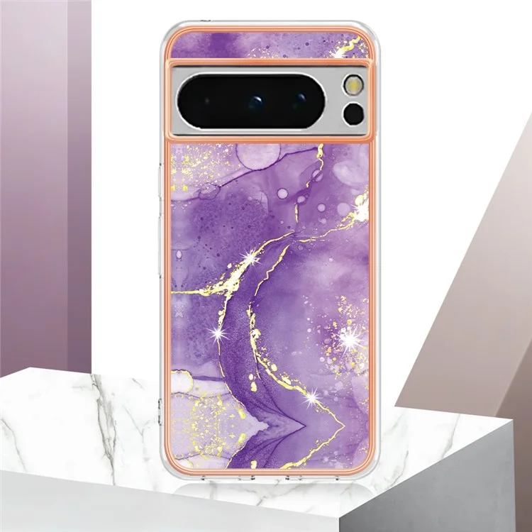 For Google Pixel 8 Pro TPU Case with IMD Marble Pattern Electroplated Back Cover - Purple 002