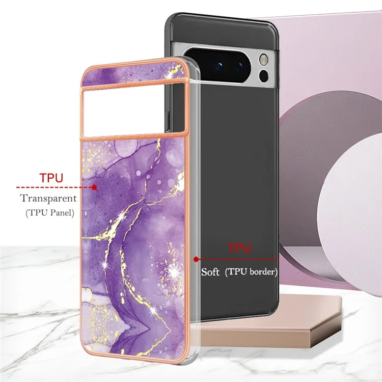 For Google Pixel 8 Pro TPU Case with IMD Marble Pattern Electroplated Back Cover - Purple 002