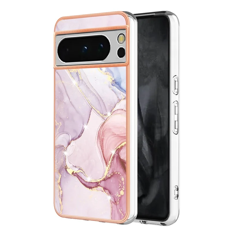 For Google Pixel 8 Pro TPU Case with IMD Marble Pattern Electroplated Back Cover - Rose Gold 005