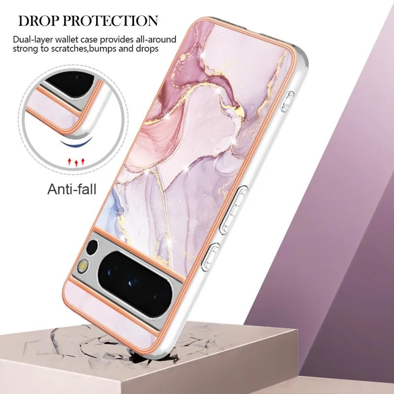 For Google Pixel 8 Pro TPU Case with IMD Marble Pattern Electroplated Back Cover - Rose Gold 005