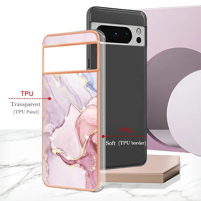 For Google Pixel 8 Pro TPU Case with IMD Marble Pattern Electroplated Back Cover - Rose Gold 005