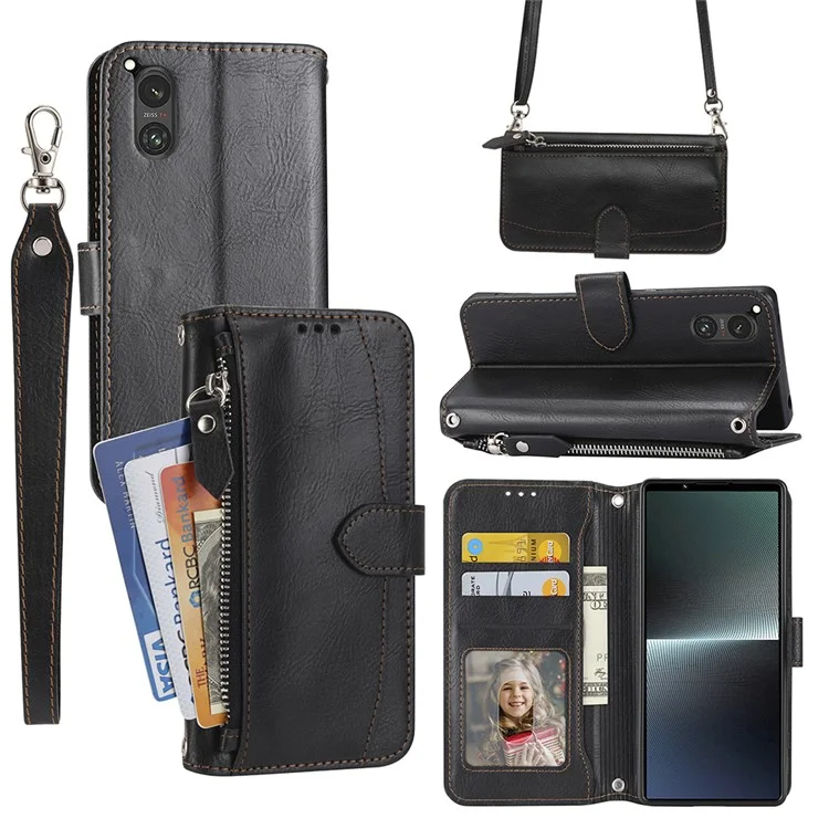 For Sony Xperia 5 V Leather Case Zipper Pocket Phone Wallet Cover with Long and Short Strap - Black