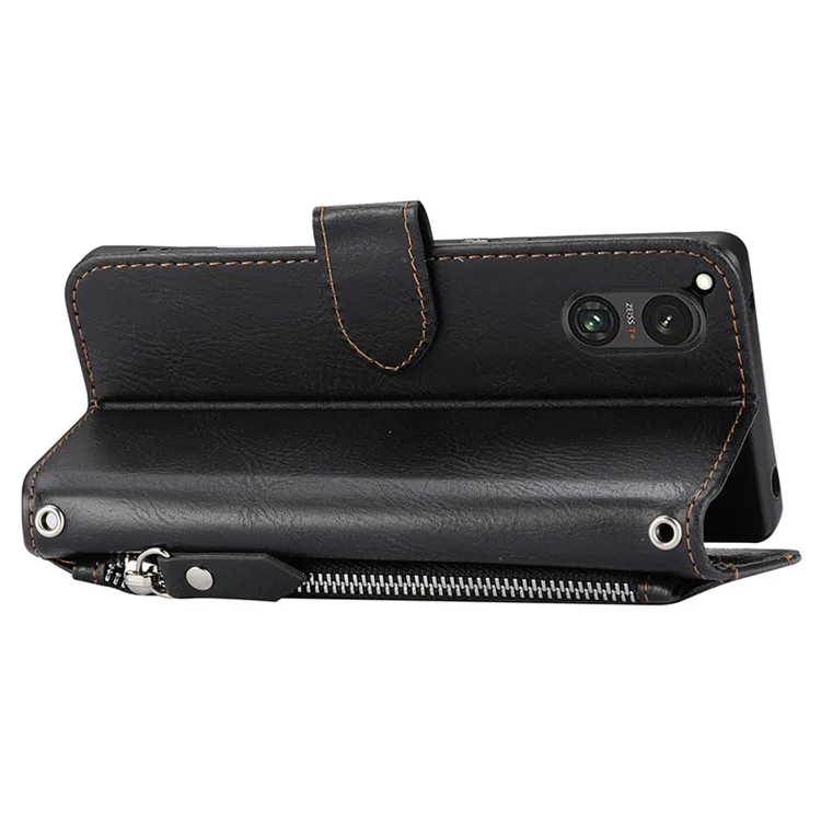 For Sony Xperia 5 V Leather Case Zipper Pocket Phone Wallet Cover with Long and Short Strap - Black