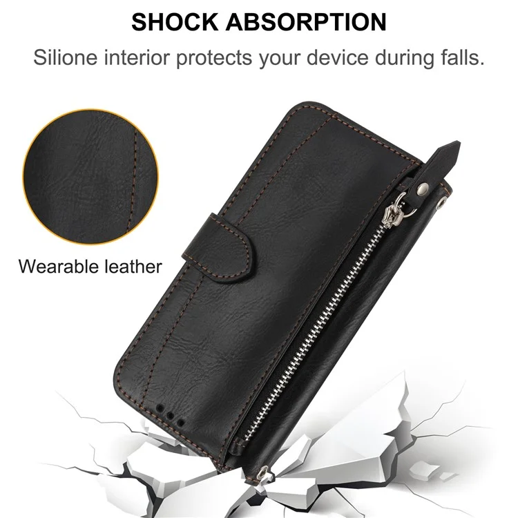 For Sony Xperia 5 V Leather Case Zipper Pocket Phone Wallet Cover with Long and Short Strap - Black