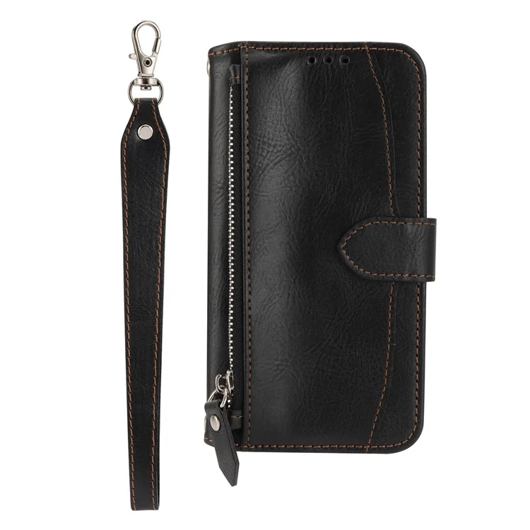 For Sony Xperia 5 V Leather Case Zipper Pocket Phone Wallet Cover with Long and Short Strap - Black