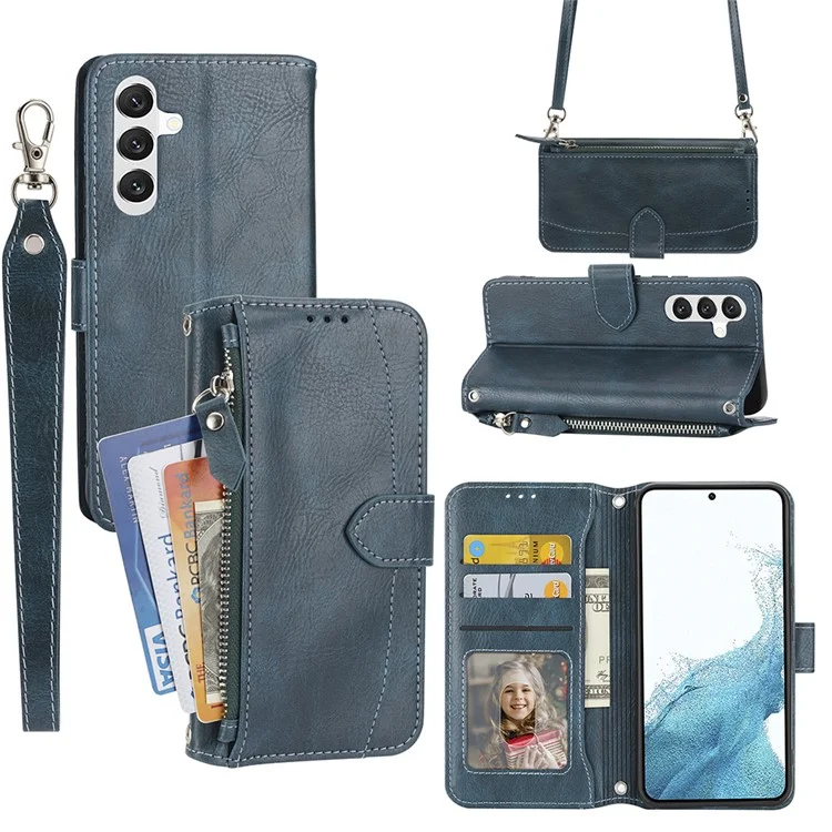 Per Samsung Galaxy S23 FE Case Zipper Wallet PU Leather Stand Cell Phone Cover con 2 Cinghie - Blu