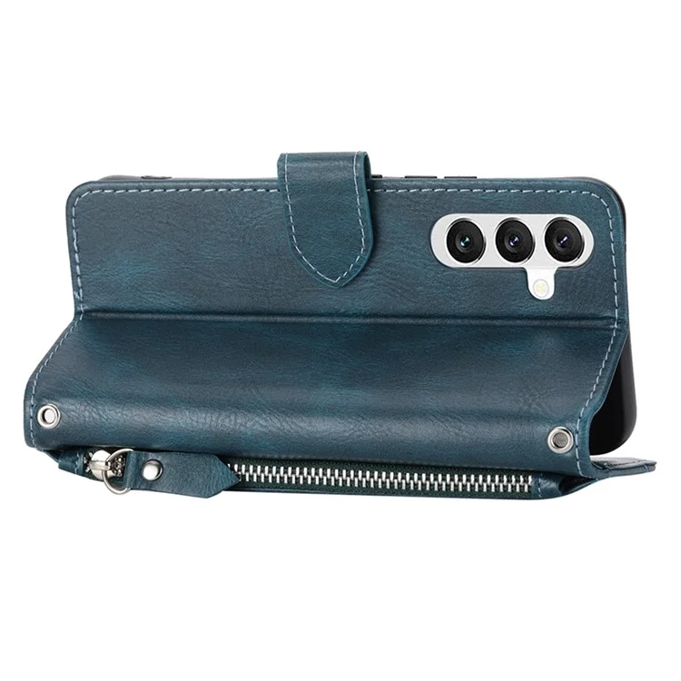 Per Samsung Galaxy S23 FE Case Zipper Wallet PU Leather Stand Cell Phone Cover con 2 Cinghie - Blu