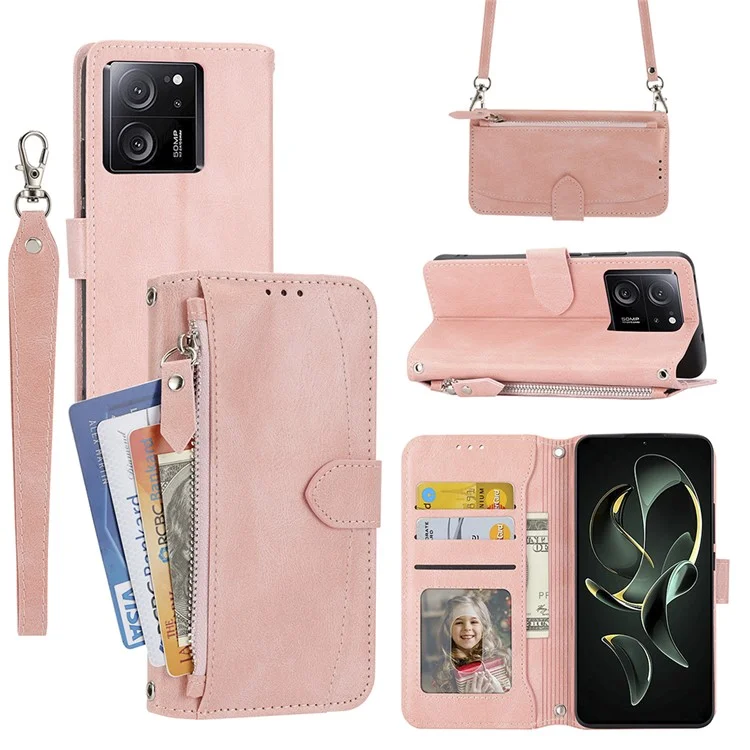 For Xiaomi Redmi K60 Ultra / 13T / 13T Pro Case Shockproof Leather Wallet Phone Cover with Long and Short Straps - Pink