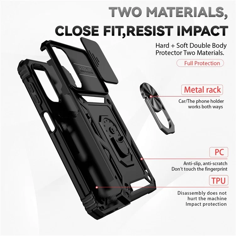 For Samsung Galaxy S23 FE Case Slide Camera Protection Kickstand Phone Cover - Black