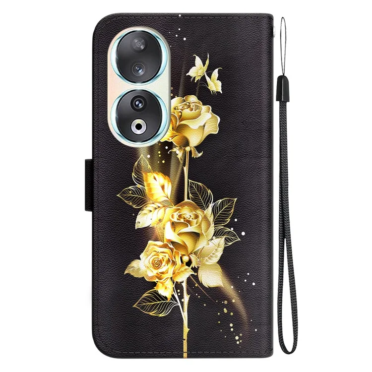 For Honor 90 Case Pattern Printing Shockproof Phone Cover - Gold Butterfly Rose